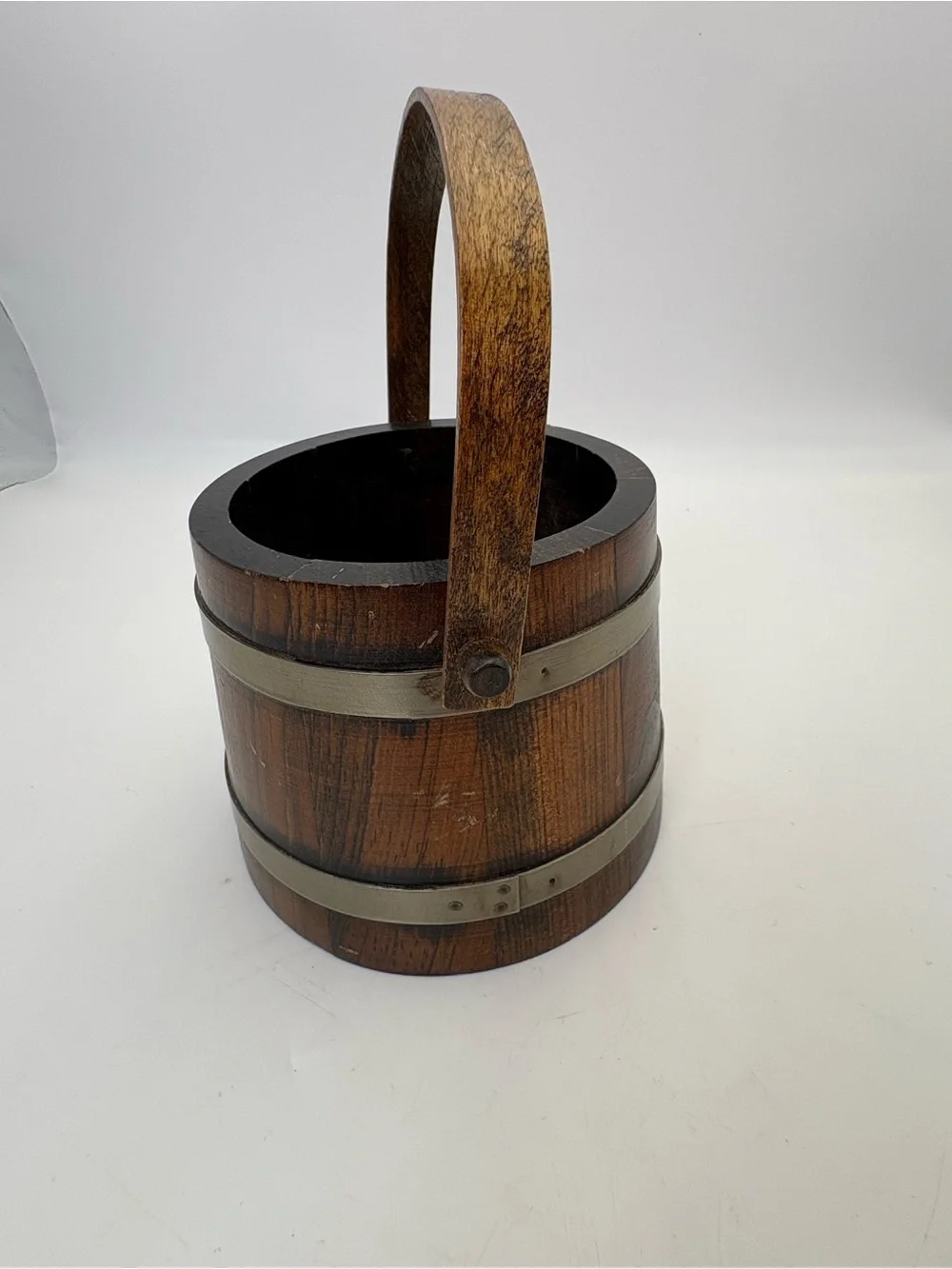 Vintage Wooden Rustic Bucket or Firkin - Brown and Brass